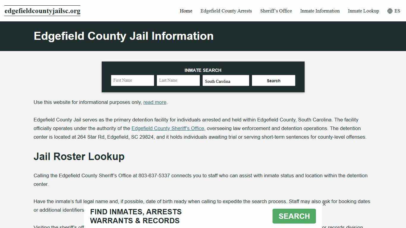 Edgefield County, SC Jail Roster, Inmate Info