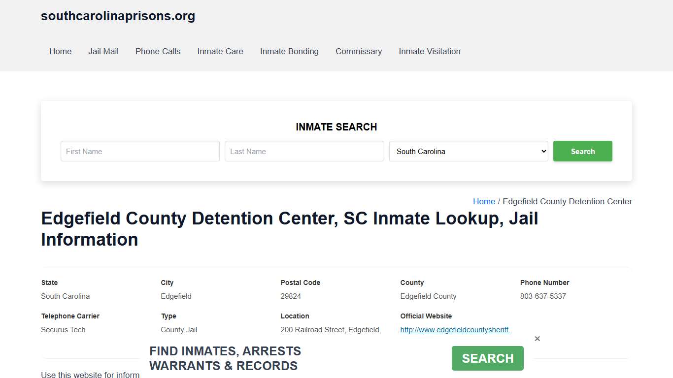 Edgefield County Detention Center, SC - Offender Locator, Contacts, Inmate Info